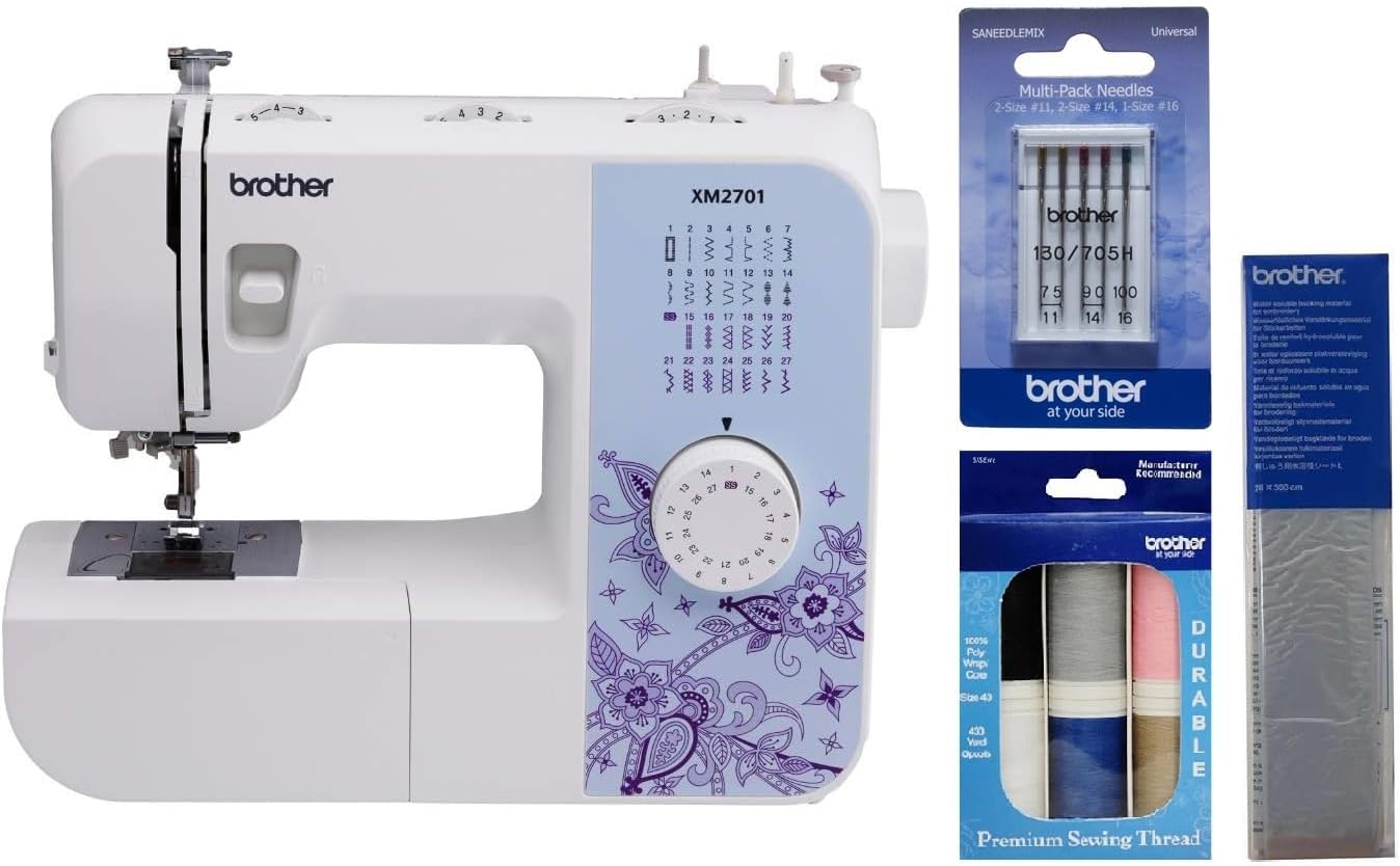 Brother XM2701 27-Stitch Sewing Machine, 6-Piece Premium Thread Pack, Water Soluble Stabilizer, 5-Piece Sewing Machine Needles