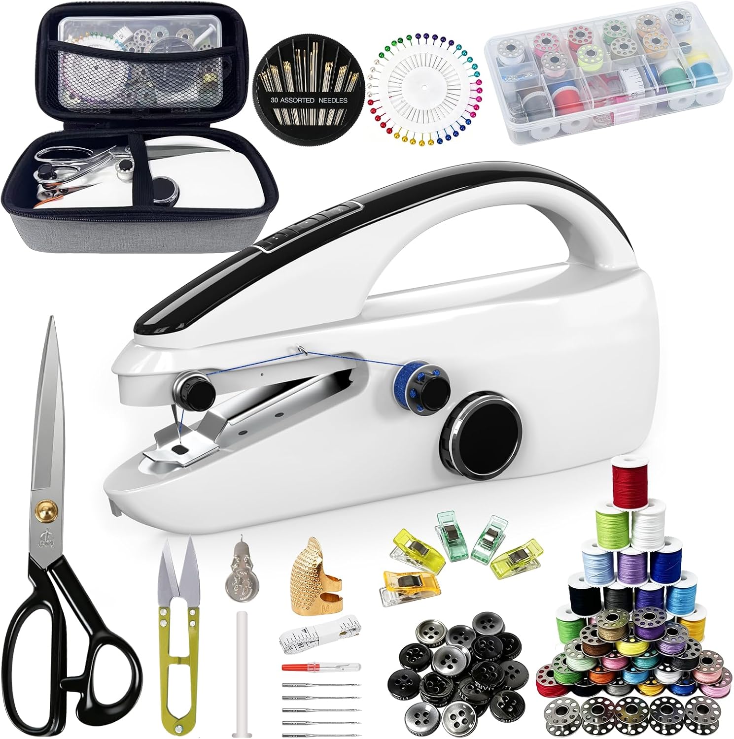 Handheld Sewing Machine for Beginners, 150 Pcs Complete Sewing Kit with Gray Storage Case, Portable Mini Sewing Machine Dual Speed and Dual Power