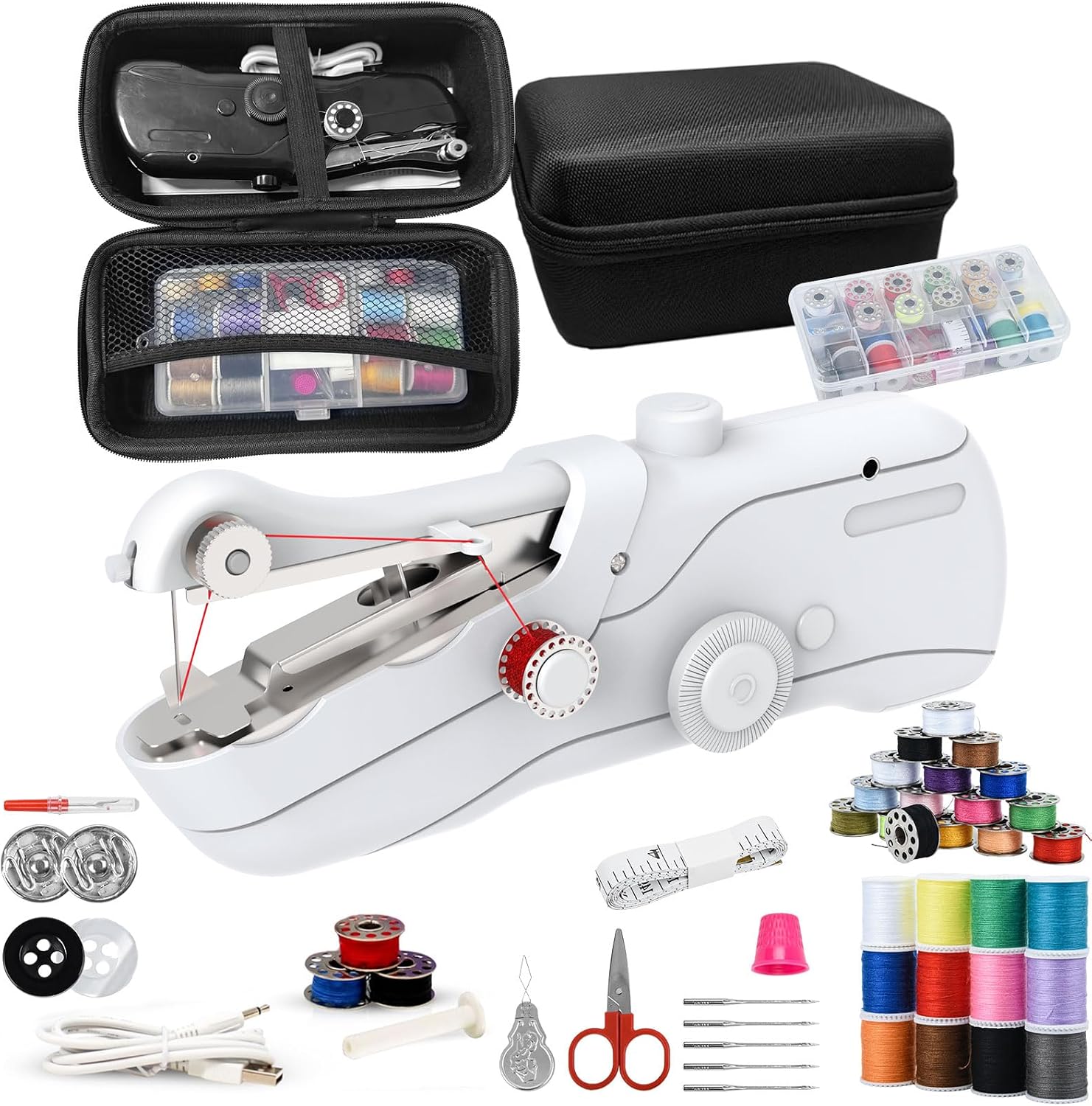 Beginner's Sewing kit with Storage Handheld Sewing Machine, Portable Sewing Machine with Storage, Electric Switch, Two Speed Modes,Easy to Operate.Sewing Machine for Beginners.(White)