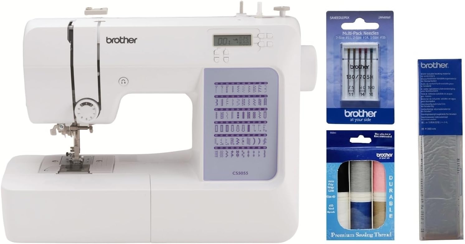 Brother CS5055 Computerized Sewing Machine, 60 Built-in Stitches, LCD Display, Premium Thread 6-Pack, Water-Soluble Stabilizer and Sewing Machine Needles 5-Pack